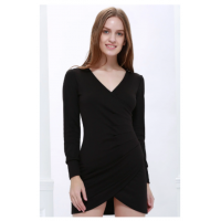 Solid Color V-Neck Long Sleeves Club Sexy Style Cotton Blend Dress For Women - Black